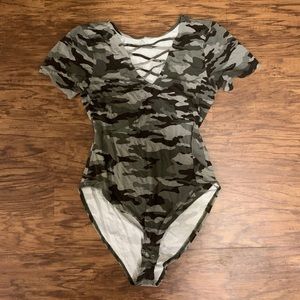 Camouflage crisscross neck bodysuit